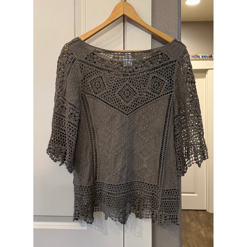 Democracy Wmns Dk Green Scoop Neck Crochet Lace Top S Boho Shabby Chic Bell Slv